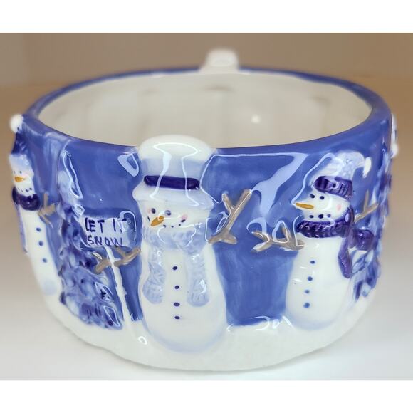 Christmas Holiday Snowman 2 Bowls 1 Tealight Holder Blue White Painted Ceramic - Picture 7 of 8